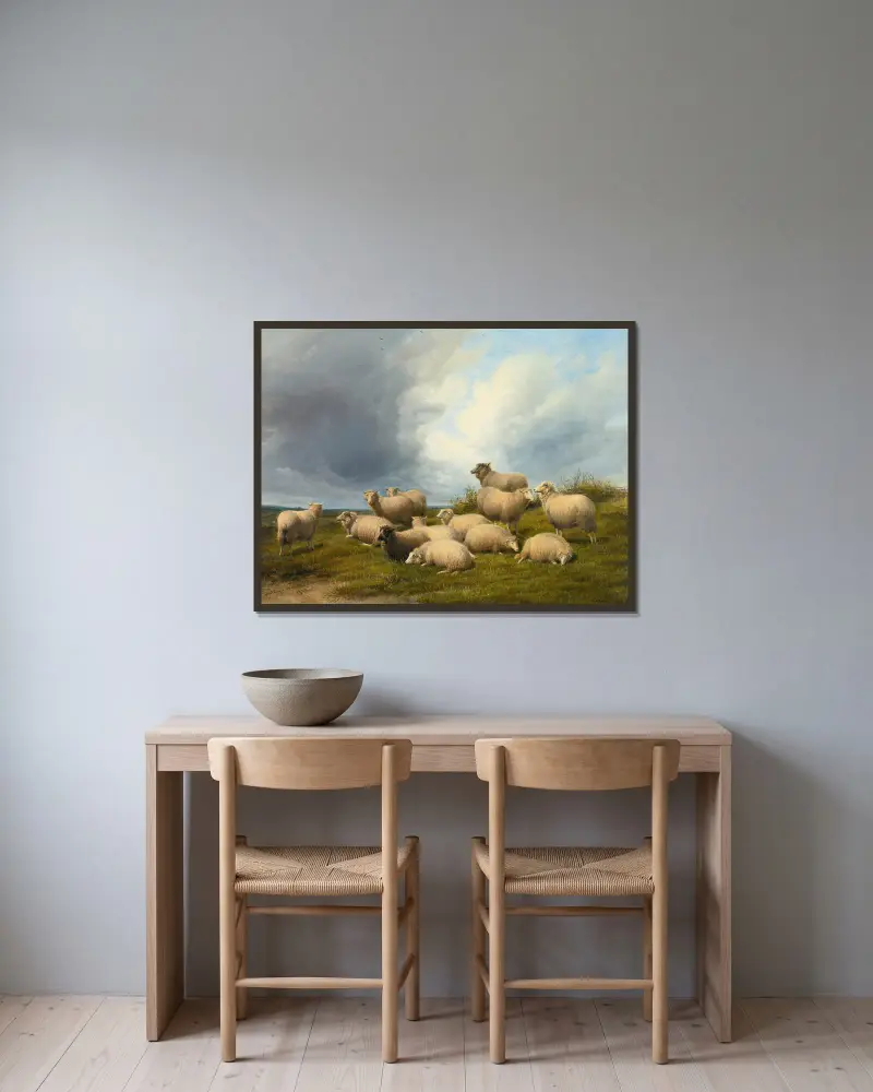 Sheep In A Pasture av Thomas Sidney Cooper inramad på en vägg