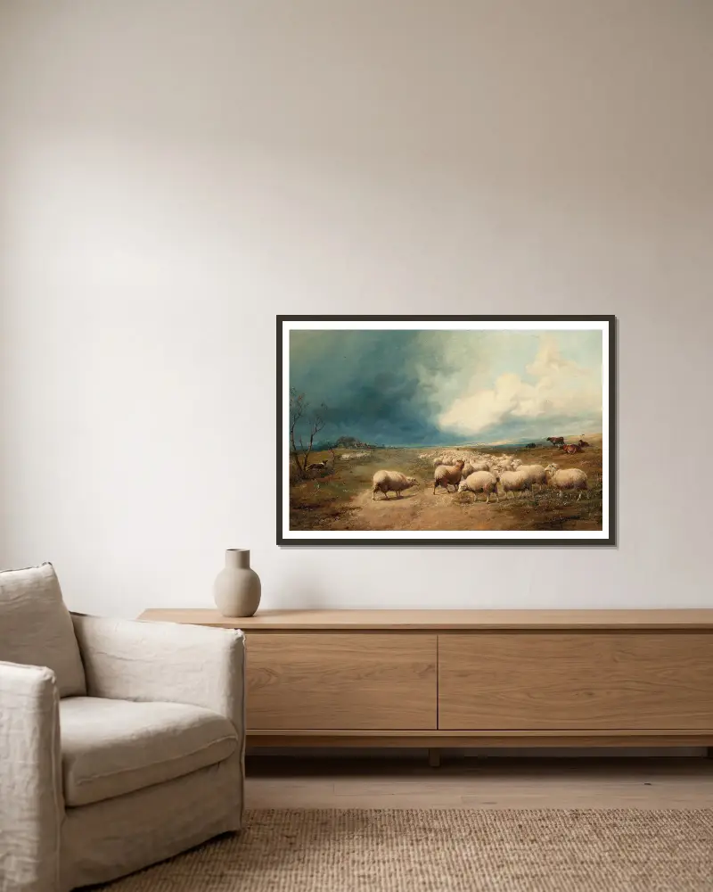 Die wollige Herde von Thomas Sidney Cooper gerahmt an einer Wand
