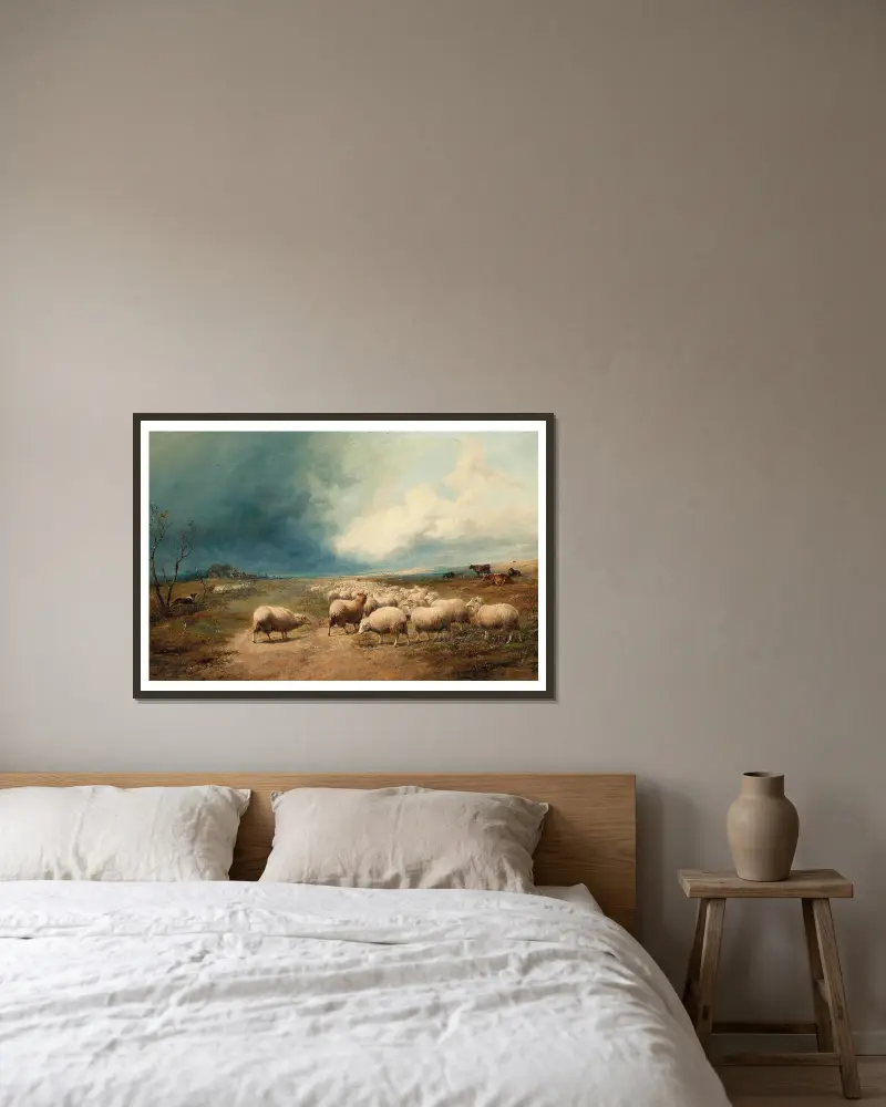 Die wollige Herde von Thomas Sidney Cooper gerahmt an einer Wand