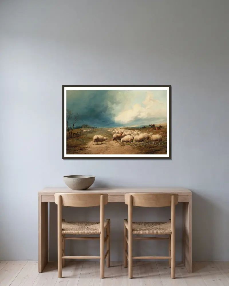 Die wollige Herde von Thomas Sidney Cooper gerahmt an einer Wand