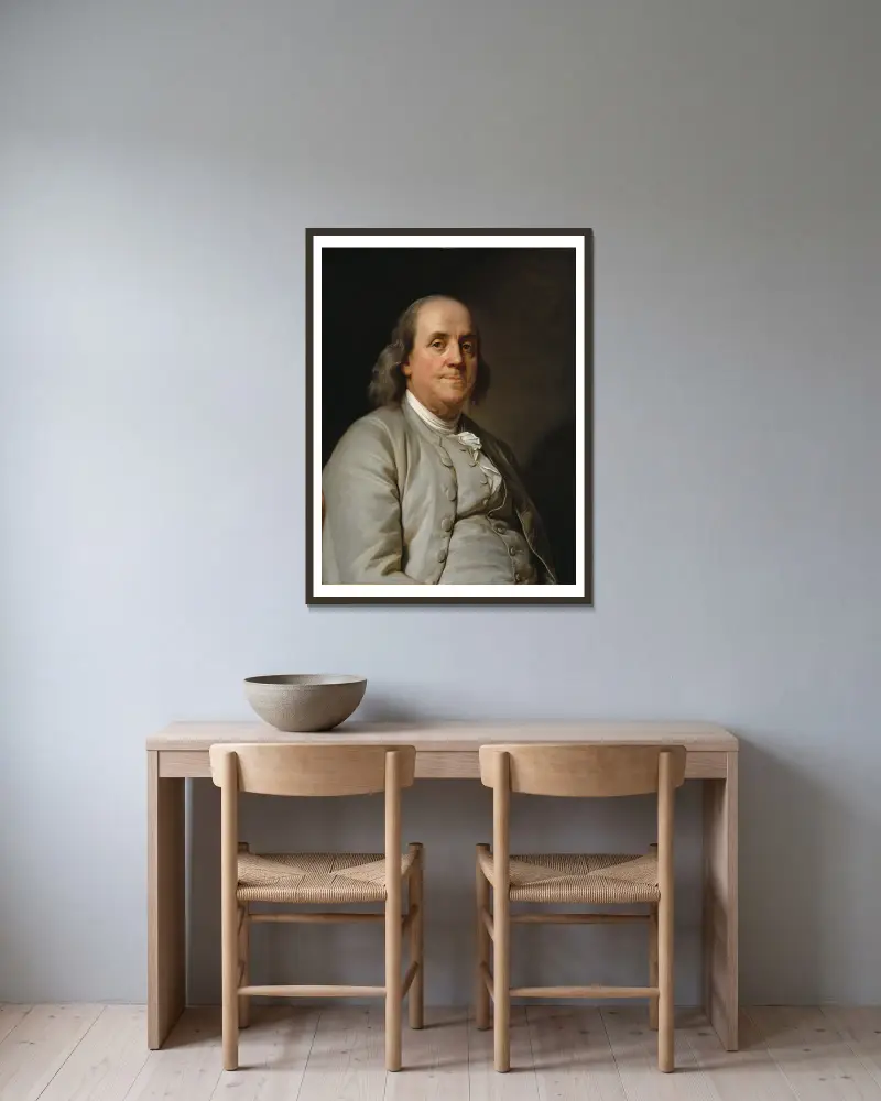 Benjamin Franklin – nr 1 av Joseph Siffred Duplessis inramad på en vägg