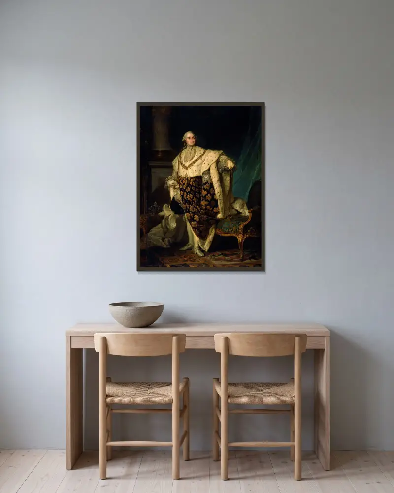 Ludvig XVI i kröningsdräkt av Joseph Siffred Duplessis inramad på en vägg