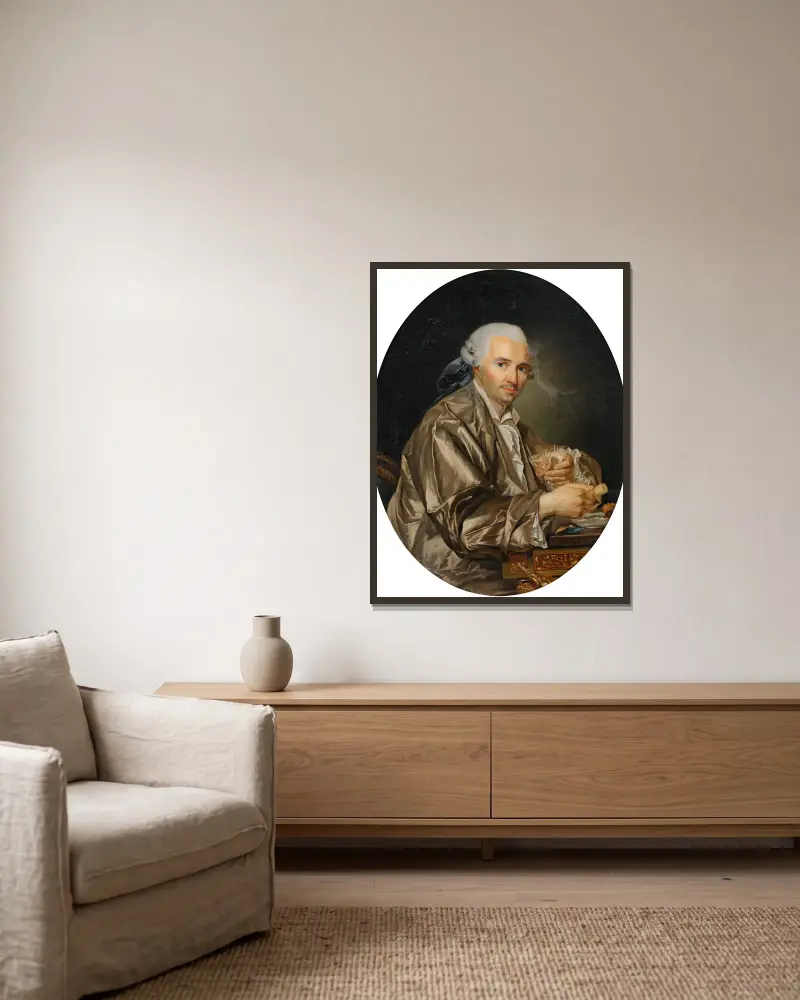 Porträt eines Herrn, der Muscheln sammelt von Joseph Siffred Duplessis gerahmt an einer Wand