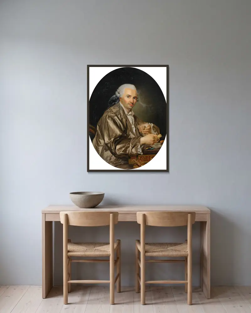 Porträt eines Herrn, der Muscheln sammelt von Joseph Siffred Duplessis gerahmt an einer Wand