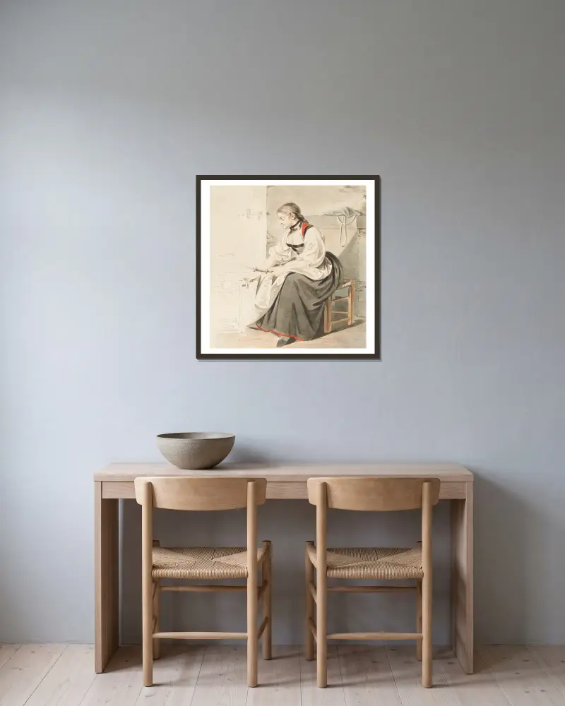 Die Spulerin von Sigmund Freudenberger gerahmt an einer Wand