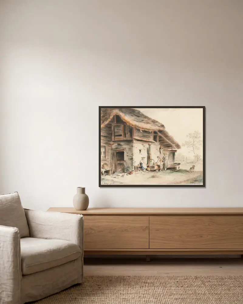 Szene vor einem Bauernhaus von Sigmund Freudenberger gerahmt an einer Wand
