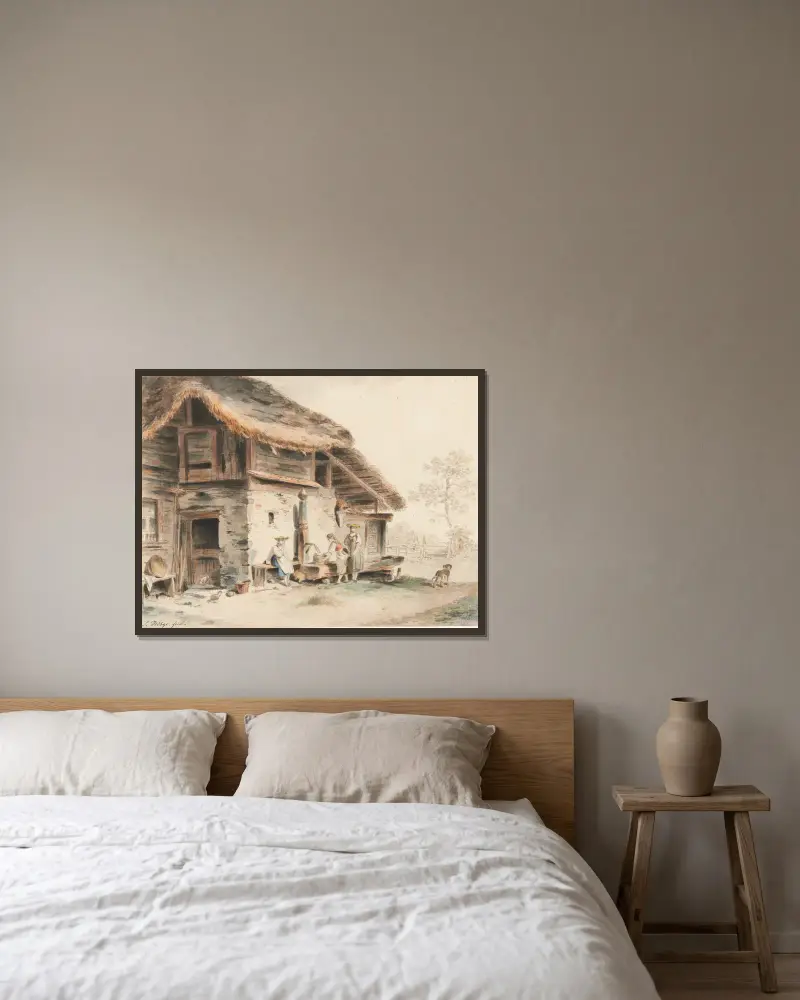 Szene vor einem Bauernhaus von Sigmund Freudenberger gerahmt an einer Wand