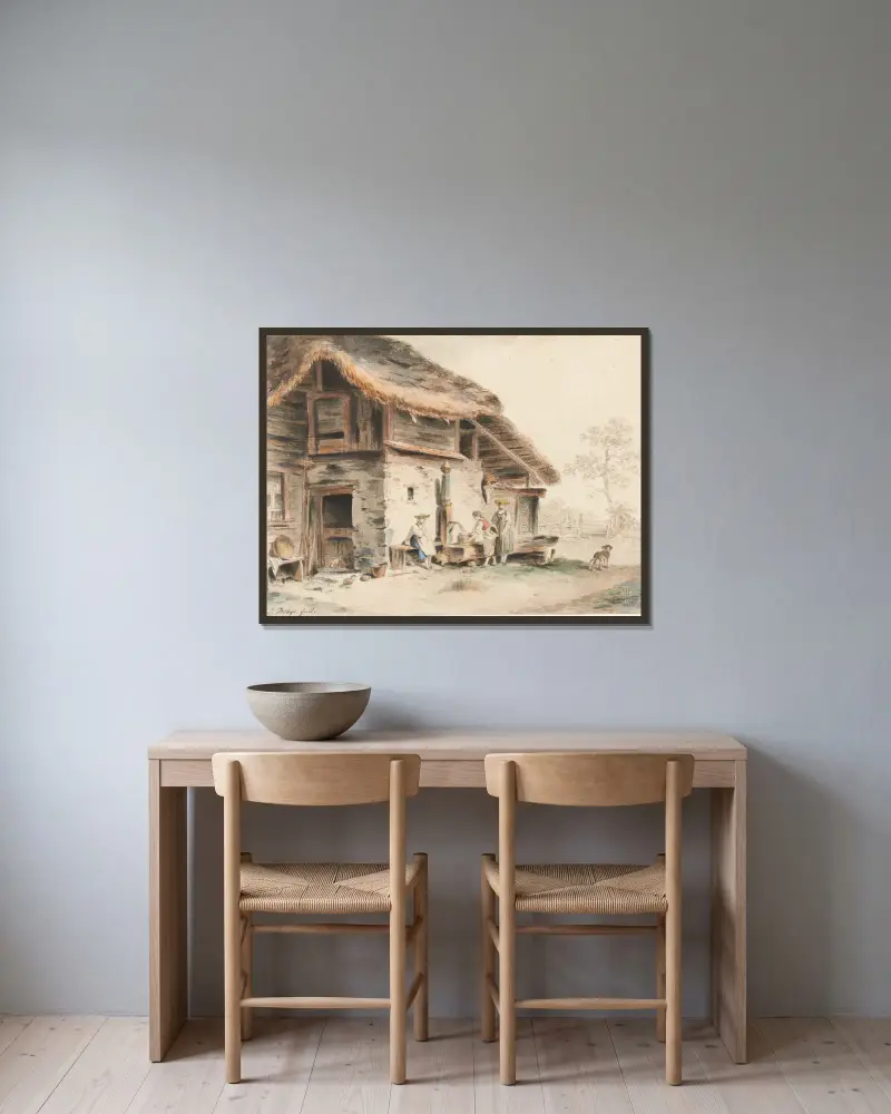 Szene vor einem Bauernhaus von Sigmund Freudenberger gerahmt an einer Wand