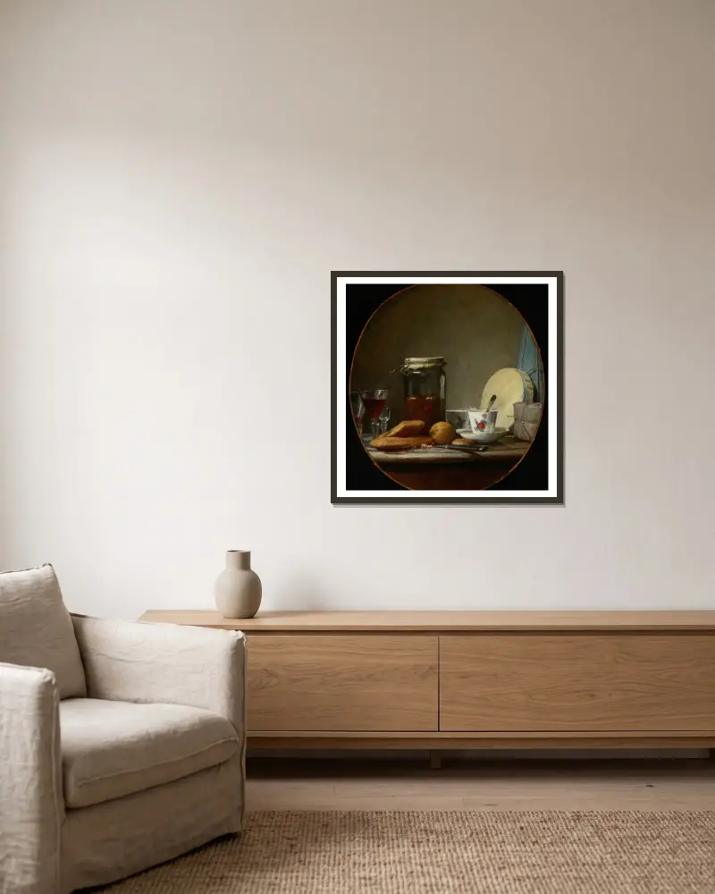 Krukburk med aprikoser av Jean Siméon Chardin inramad på en vägg