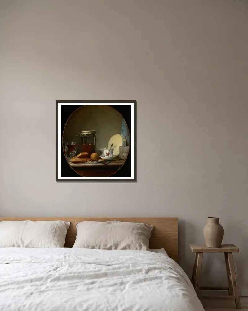 Krukburk med aprikoser av Jean Siméon Chardin inramad på en vägg