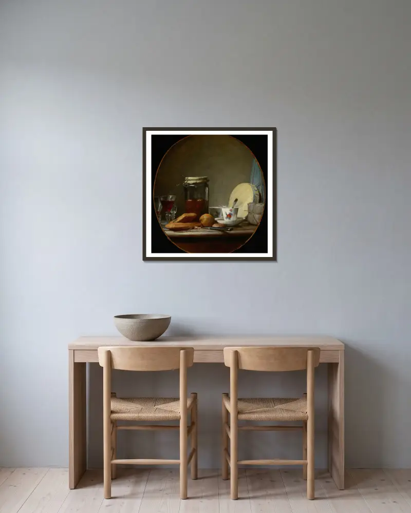 Krukburk med aprikoser av Jean Siméon Chardin inramad på en vägg