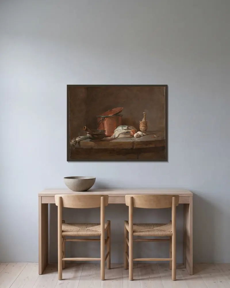 Küchenutensilien mit Lauch, Fisch und Eiern von Jean Siméon Chardin gerahmt an einer Wand