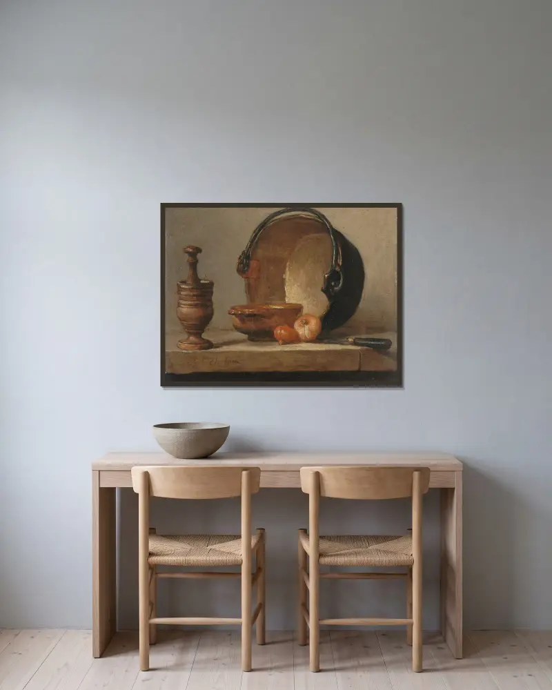 Stillleben mit Kupferkessel von Jean Siméon Chardin gerahmt an einer Wand
