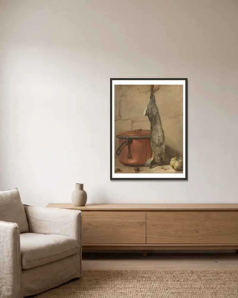 Králík a měděný hrnec, Jean Siméon Chardin v rámu na stěně