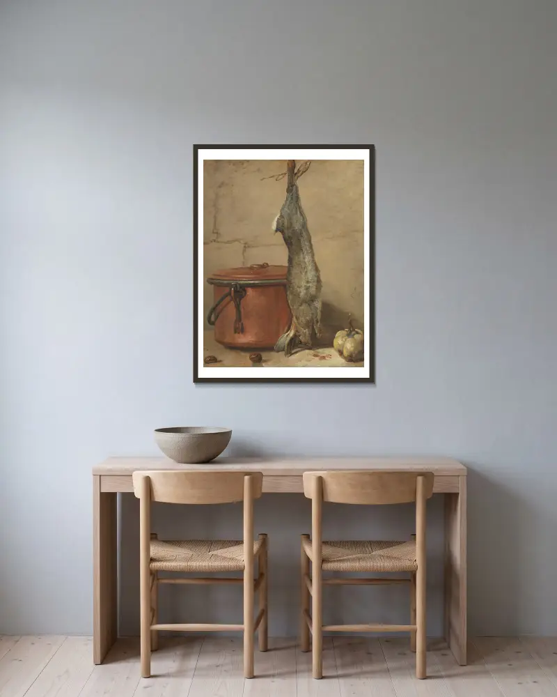 Králík a měděný hrnec, Jean Siméon Chardin v rámu na stěně