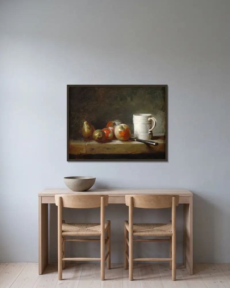 Stilleben med en vit mugg av Jean Siméon Chardin inramad på en vägg