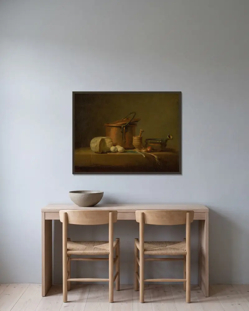 Stilleben med kopparkittel, ost och ägg av Jean Siméon Chardin inramad på en vägg