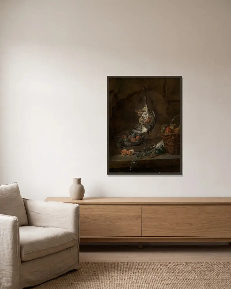 Stilleben med död rapphöna av Jean Siméon Chardin inramad på en vägg