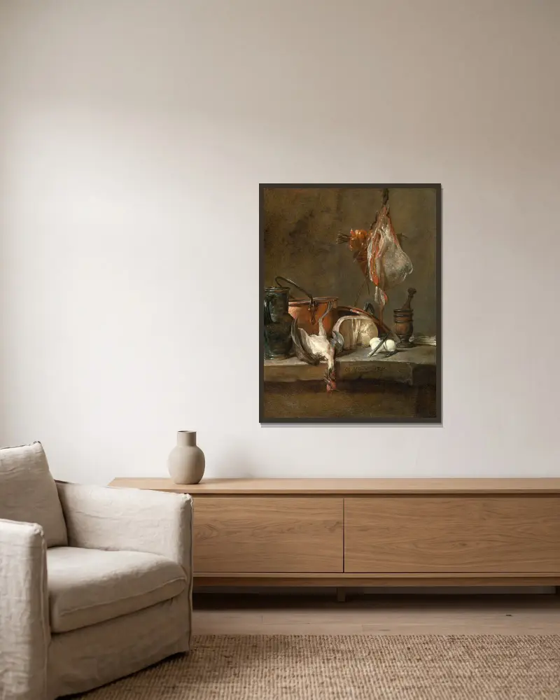 Stilleben med rocka och korg med lökar av Jean Siméon Chardin inramad på en vägg
