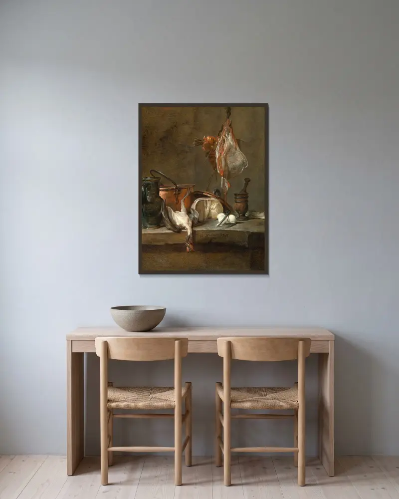 Stilleben med rocka och korg med lökar av Jean Siméon Chardin inramad på en vägg