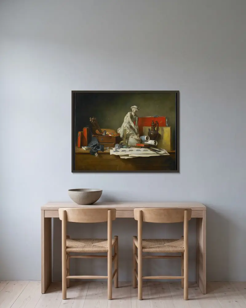 Konsternas attribut och de belöningar de tilldelas av Jean Siméon Chardin inramad på en vägg
