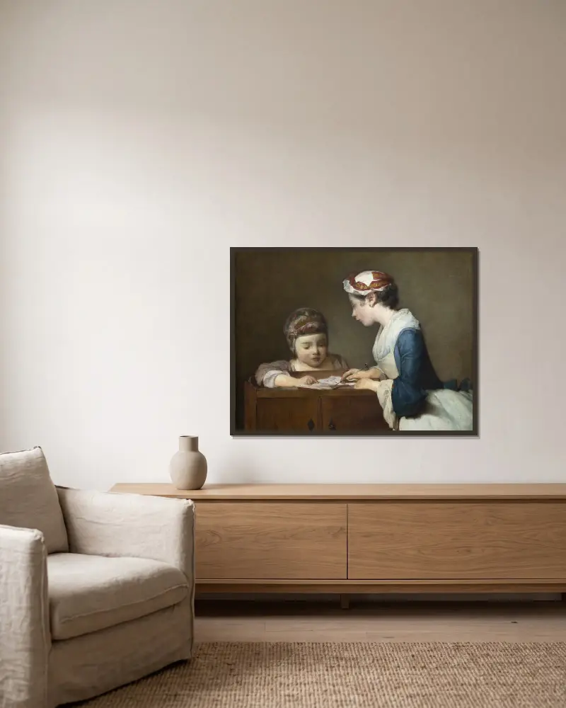 The Little Schoolmistress av Jean Siméon Chardin inramad på en vägg