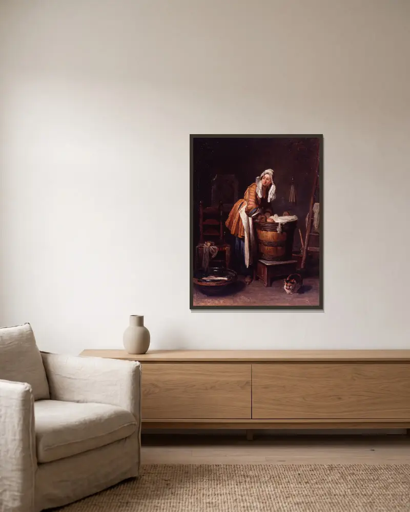 Die Wäscherin von Jean Siméon Chardin gerahmt an einer Wand