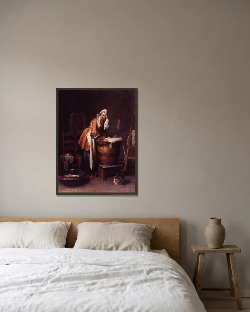 Die Wäscherin von Jean Siméon Chardin gerahmt an einer Wand