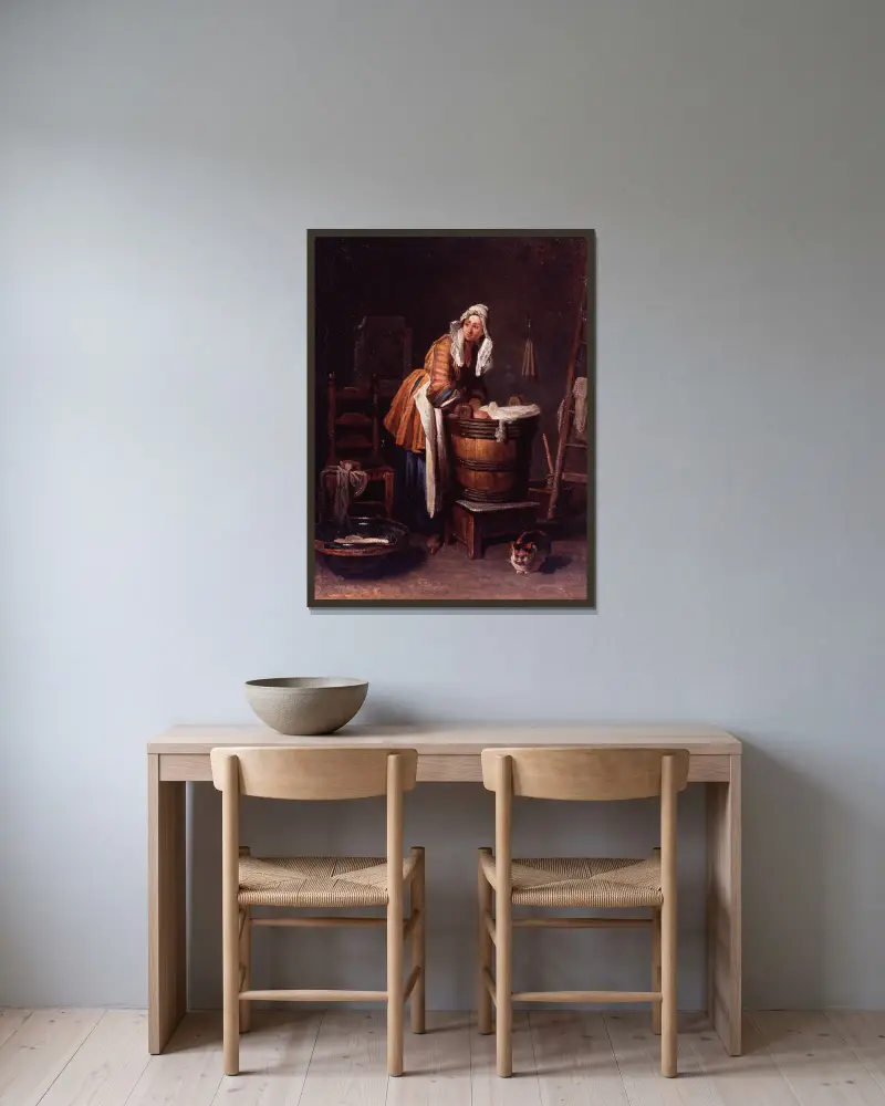 Die Wäscherin von Jean Siméon Chardin gerahmt an einer Wand
