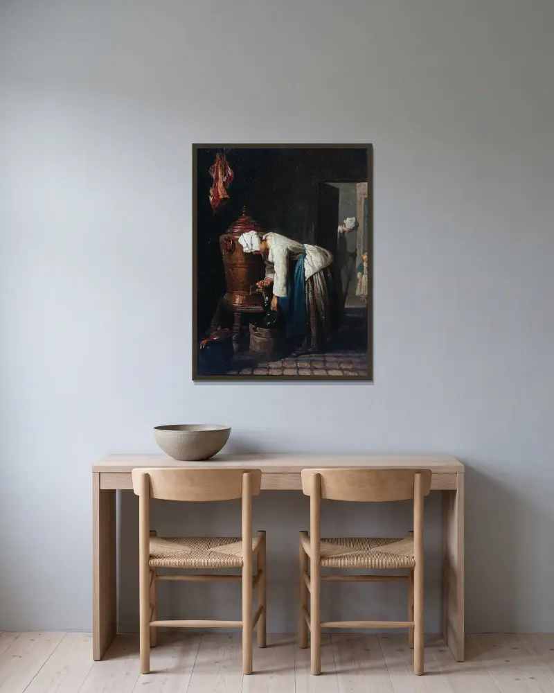 Kvinna som hämtar vatten vid brunnen av Jean Siméon Chardin inramad på en vägg