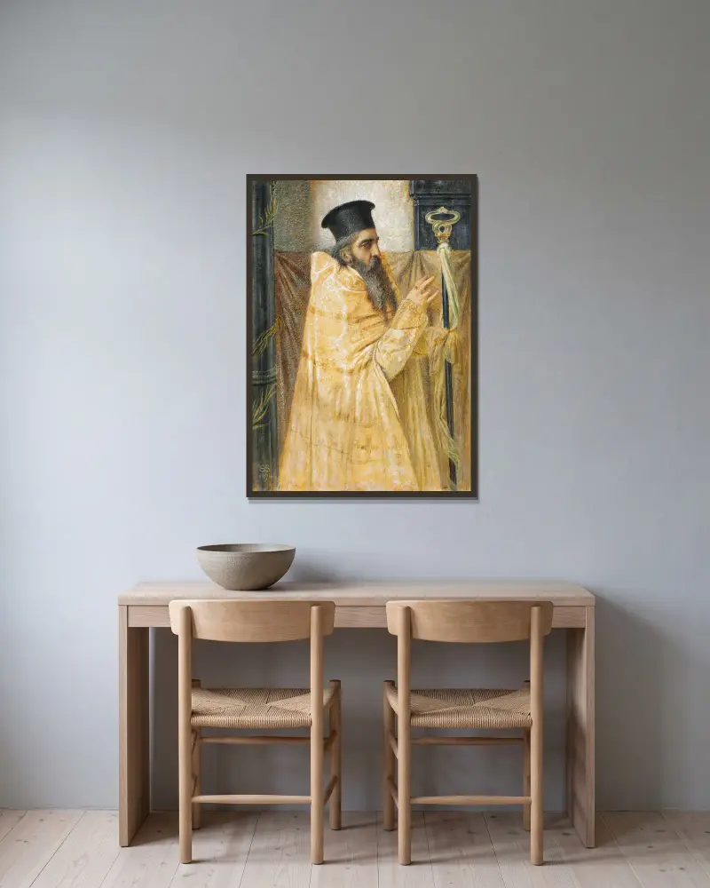 En biskop i den östliga kyrkan av Simeon Solomon inramad på en vägg