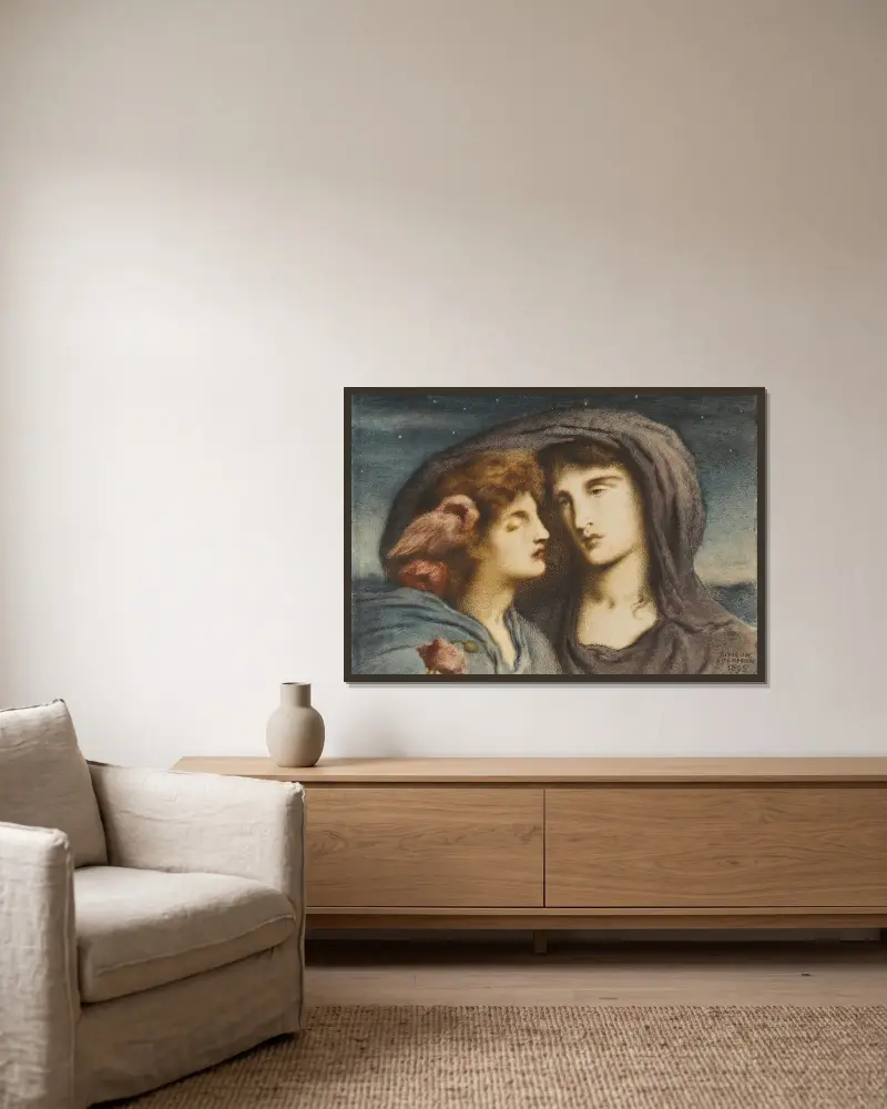 Natten blickar på sömnen, sitt älskade barn av Simeon Solomon inramad på en vägg