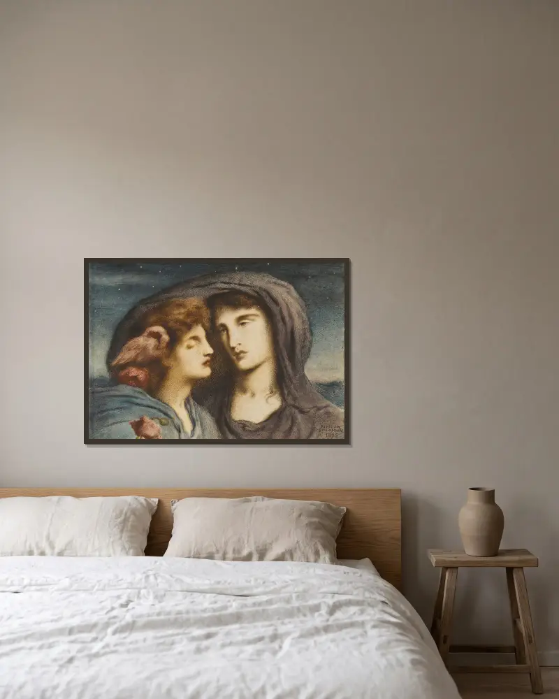 Natten blickar på sömnen, sitt älskade barn av Simeon Solomon inramad på en vägg