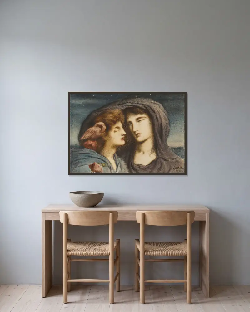 Natten blickar på sömnen, sitt älskade barn av Simeon Solomon inramad på en vägg