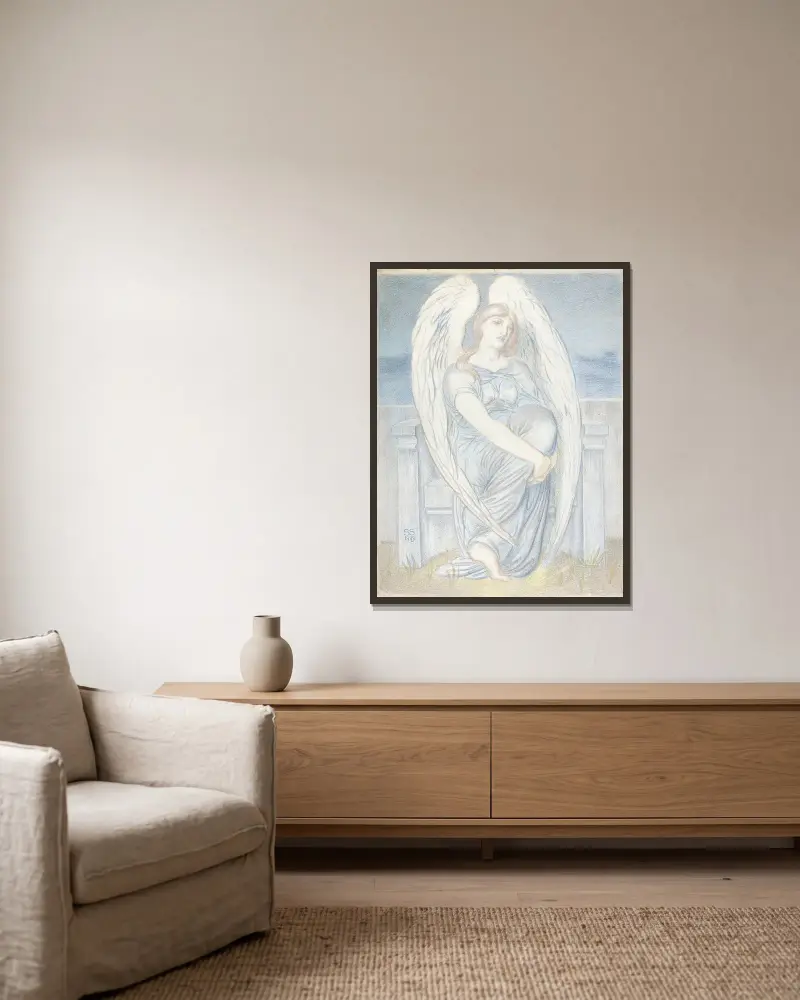 Seated Angel av Simeon Solomon inramad på en vägg