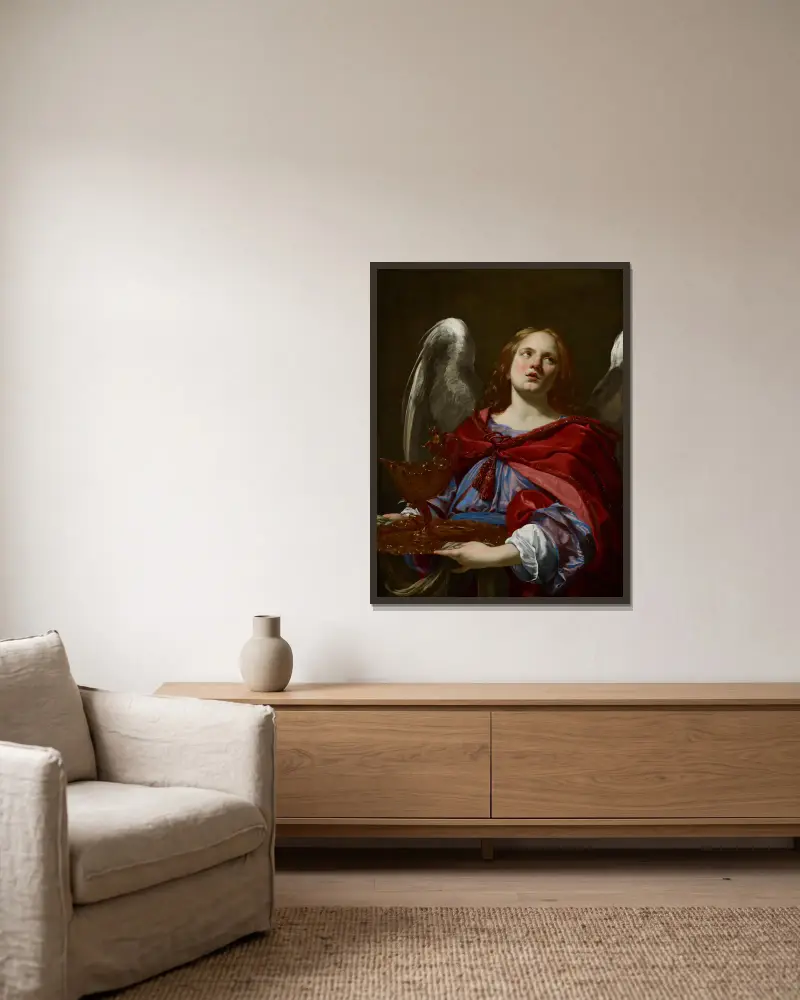 Änglar med passionsattribut; ängel med kärl och handduk för tvagning av Pontius Pilatus händer av Simon Vouet inramad på en vägg