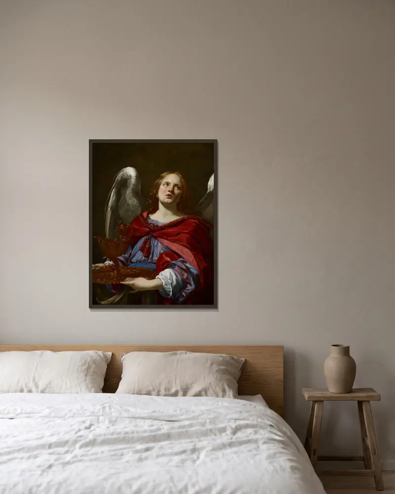 Änglar med passionsattribut; ängel med kärl och handduk för tvagning av Pontius Pilatus händer av Simon Vouet inramad på en vägg
