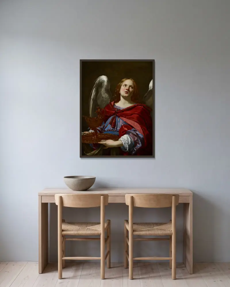 Änglar med passionsattribut; ängel med kärl och handduk för tvagning av Pontius Pilatus händer av Simon Vouet inramad på en vägg