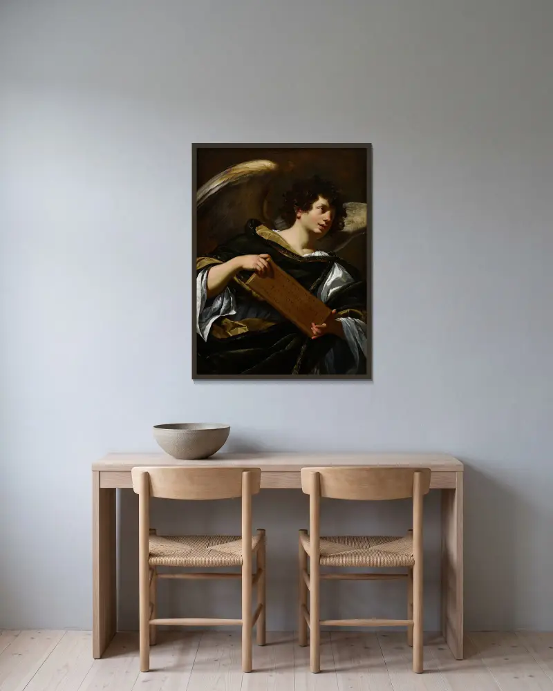 Engel mit den Leidenswerkzeugen, die Kreuzesinschrift von Simon Vouet gerahmt an einer Wand