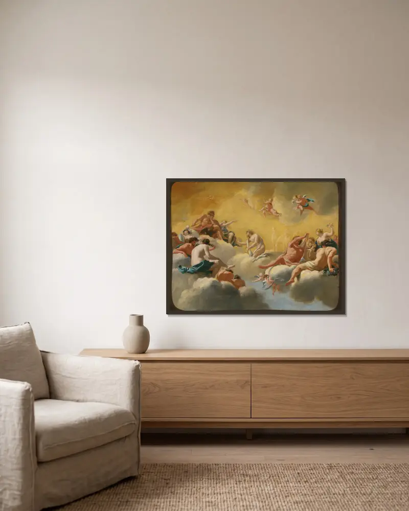 Assembly Of The Gods av Simon Vouet inramad på en vägg