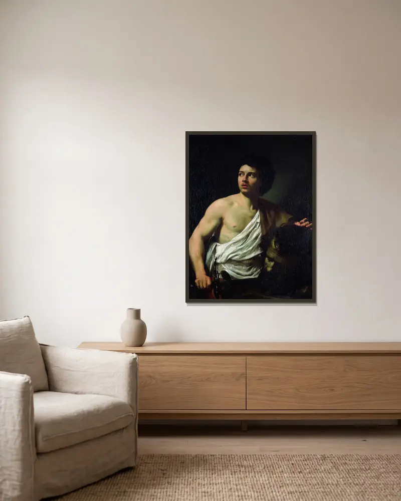 David med Goliats huvud av Simon Vouet inramad på en vägg