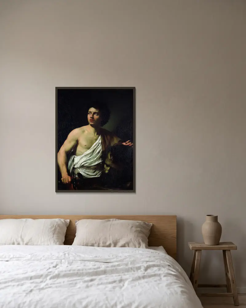 David med Goliats huvud av Simon Vouet inramad på en vägg