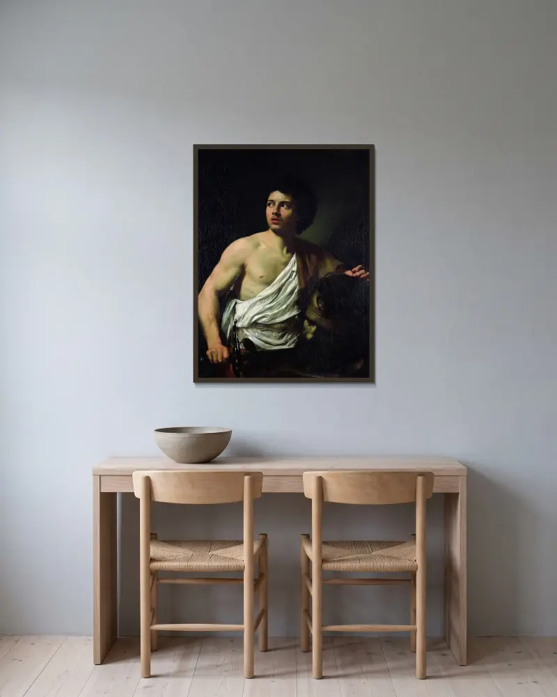 David med Goliats huvud av Simon Vouet inramad på en vägg