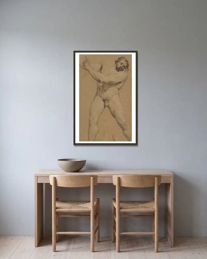 Study of a Male Nude av Simon Vouet inramad på en vägg