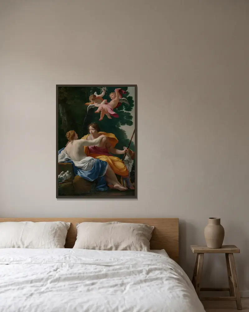 Venus and Adonis av Simon Vouet inramad på en vägg