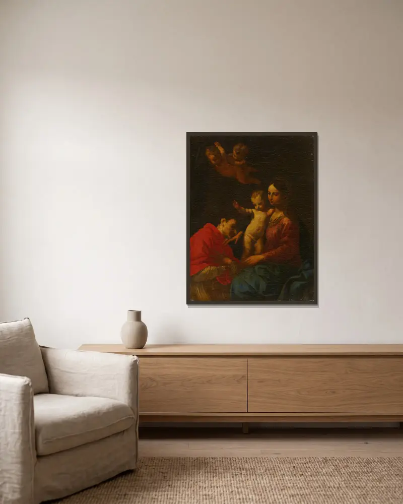 Madonnan med barnet, tillbedd av den helige Carlo Borromeo av Simone Cantarini inramad på en vägg