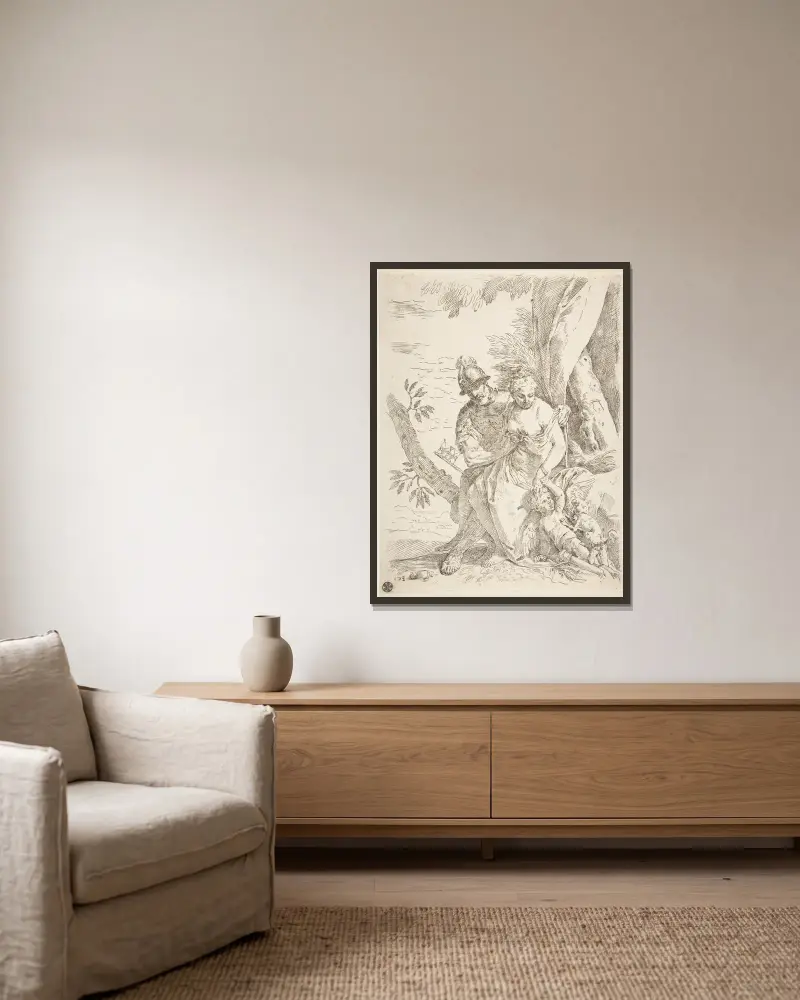 Mars, Venus and Cupid av Simone Cantarini inramad på en vägg