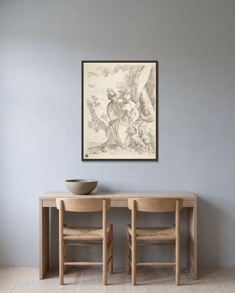 Mars, Venus and Cupid av Simone Cantarini inramad på en vägg