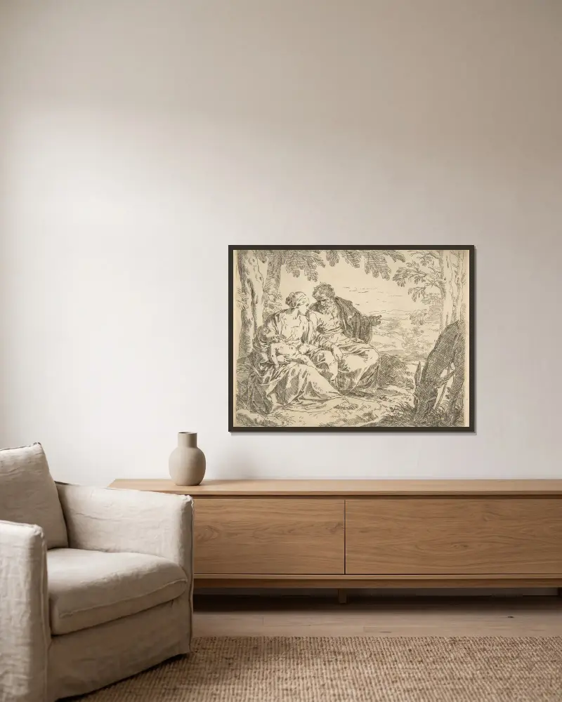 Rest on the flight into Egypt, Mary holding the infant Christ while St. Joseph points into the distance av Simone Cantarini inramad på en vägg
