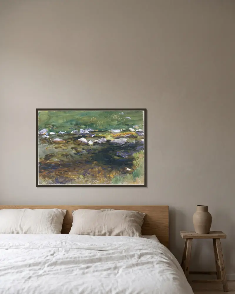 Bach und Wiese von John Singer Sargent gerahmt an einer Wand